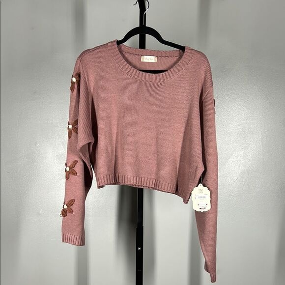 Altar'd State Pink Crew Neck Sweater with Flower Sleeves - Picture 1 of 8